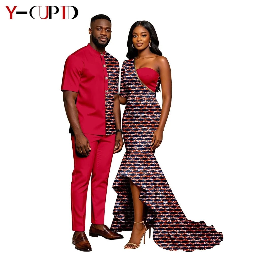 African Print Couples Outfits – Mermaid Dress & Men's Set - Free Delivery Worldwide only at Flexi Africa