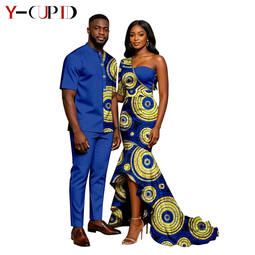 African Print Couples Outfits – Mermaid Dress & Men's Set - Free Delivery Worldwide only at Flexi Africa