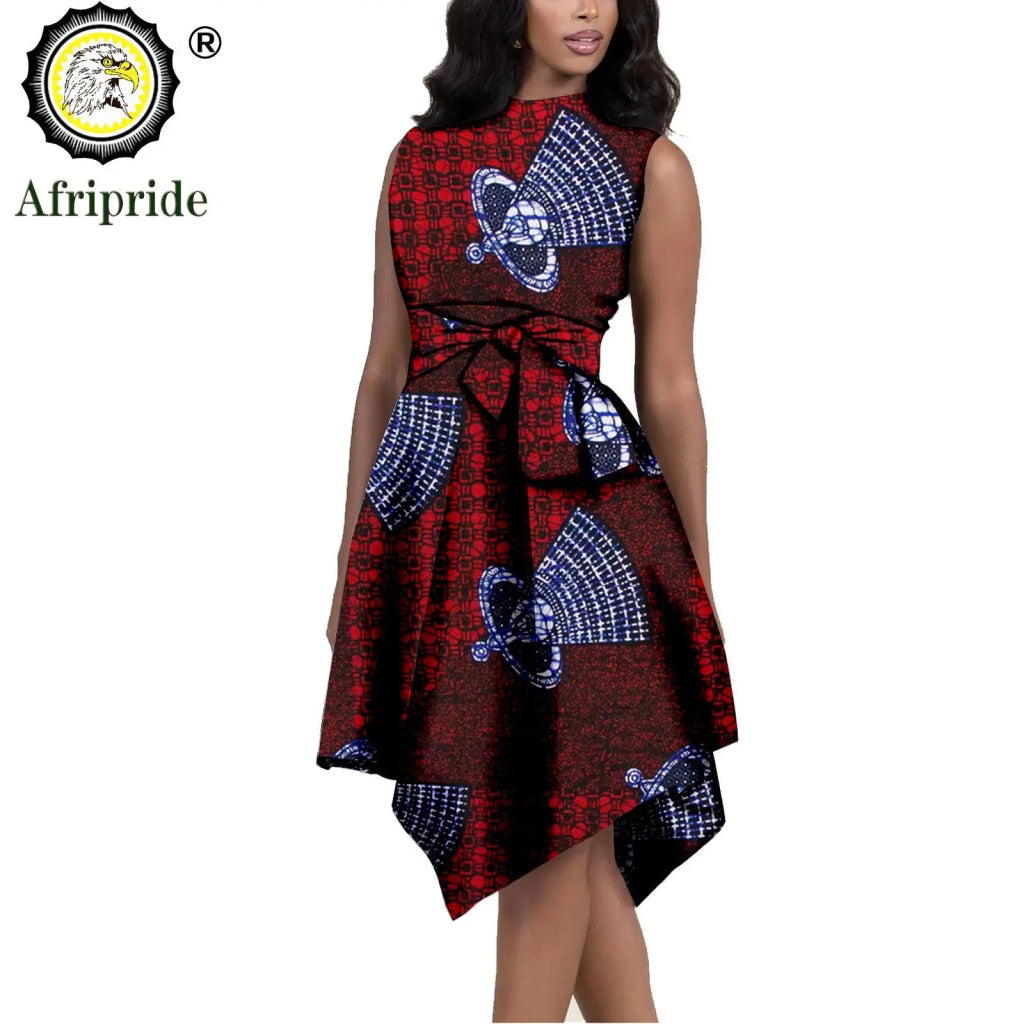 African Print Dresses for Women – Sleeveless Dashiki Ankara Knee Dress with Belt - Free Delivery Worldwide only at Flexi Africa