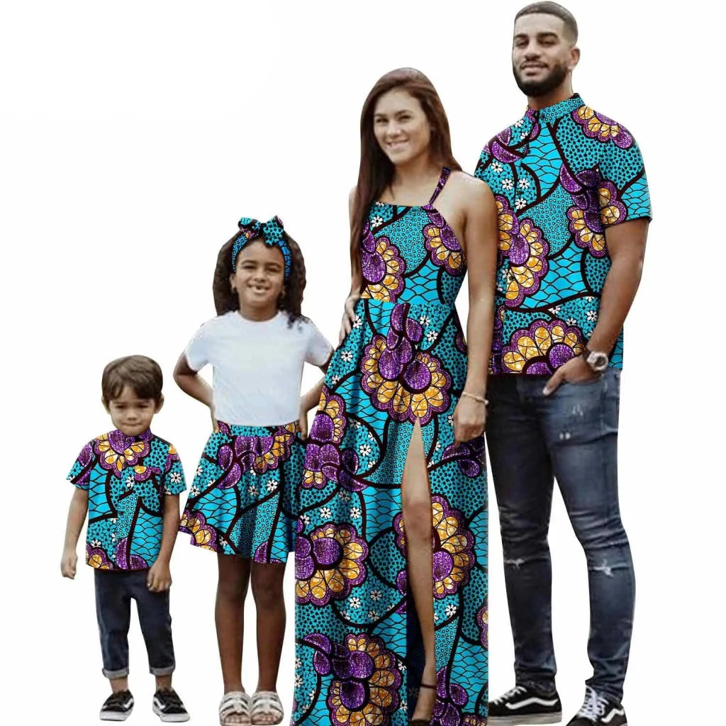 African Print Matching Family Outfits – Women’s Summer Dress & Men’s Short Sleeve - Free Delivery Worldwide only at Flexi Africa