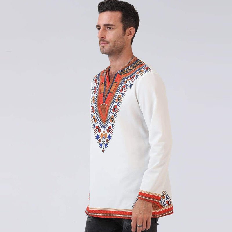 African Print Shirts for Men - White Polished Cotton Tops with Dashiki Design Plus Size Long T-shirts - Flexi Africa