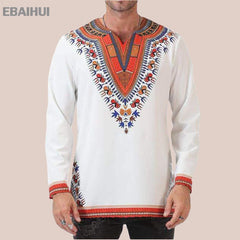 African Print Shirts for Men - White Polished Cotton Tops with Dashiki Design Plus Size Long T-shirts - Flexi Africa