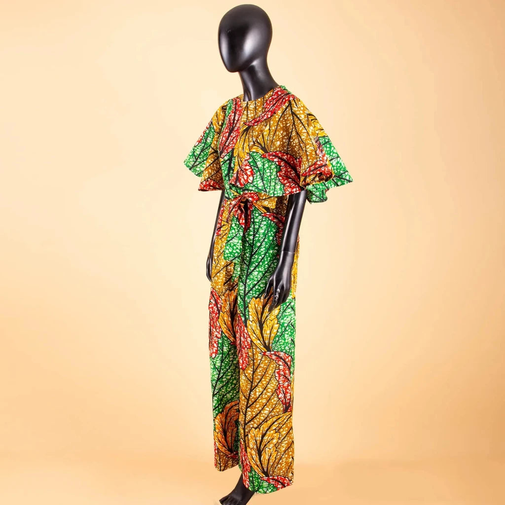 African Print Short Sleeve O-Neck Jumpsuit for Women with Belt – Ankara Casual Outfit - Free Delivery Worldwide only at Flexi Africa