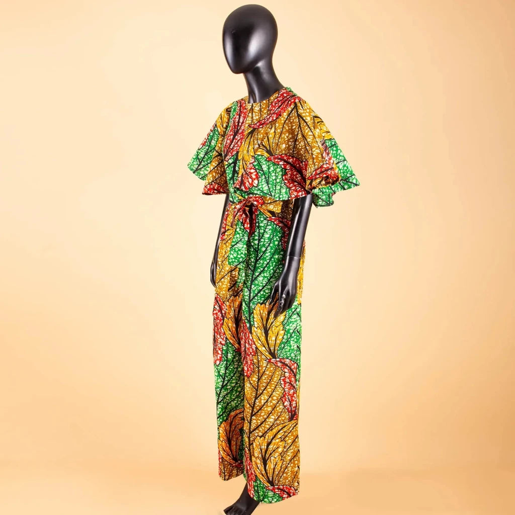 African Print Short Sleeve O-Neck Jumpsuit for Women with Belt – Ankara Casual Outfit - Free Delivery Worldwide only at Flexi Africa
