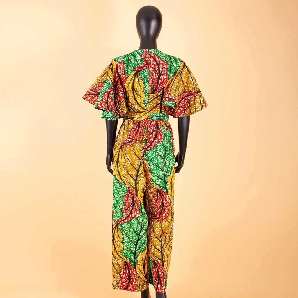 African Print Short Sleeve O-Neck Jumpsuit for Women with Belt – Ankara Casual Outfit - Free Delivery Worldwide only at Flexi Africa