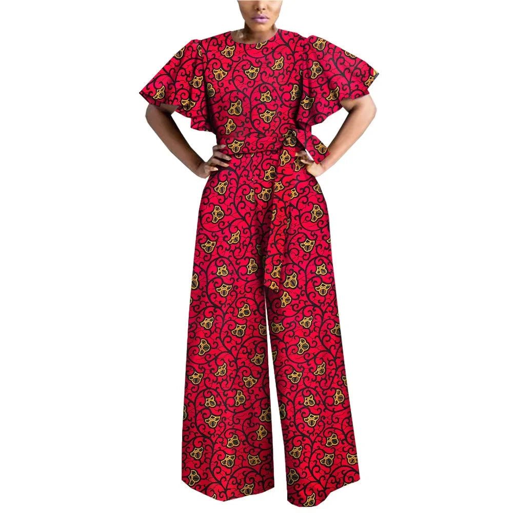 African Print Short Sleeve O-Neck Jumpsuit for Women with Belt – Ankara Casual Outfit - Free Delivery Worldwide only at Flexi Africa
