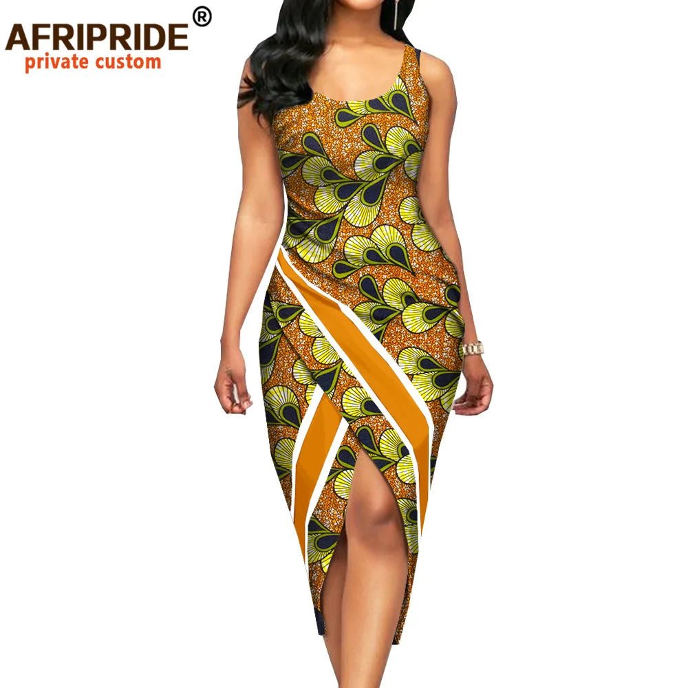 African Print Sleeveless O-Neck Midi Cotton Dress for Women - Free Delivery Worldwide only at Flexi Africa