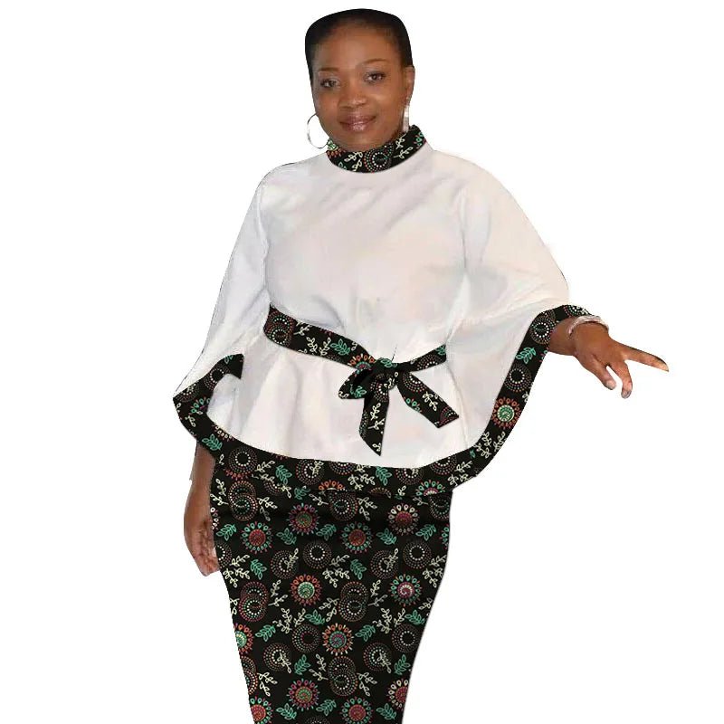 African Print Women’s Two - Piece Outfit – Tailored White Blouse and Belted Wax Skirt - Free Delivery Worldwide only at Flexi Africa