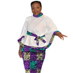 African Print Women’s Two - Piece Outfit – Tailored White Blouse and Belted Wax Skirt - Free Delivery Worldwide only at Flexi Africa
