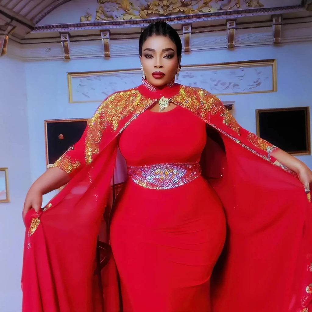African Rhinestone Two-Piece Cape Dress | Luxury Women's Elegant Gown - Free Delivery Worldwide only at Flexi Africa