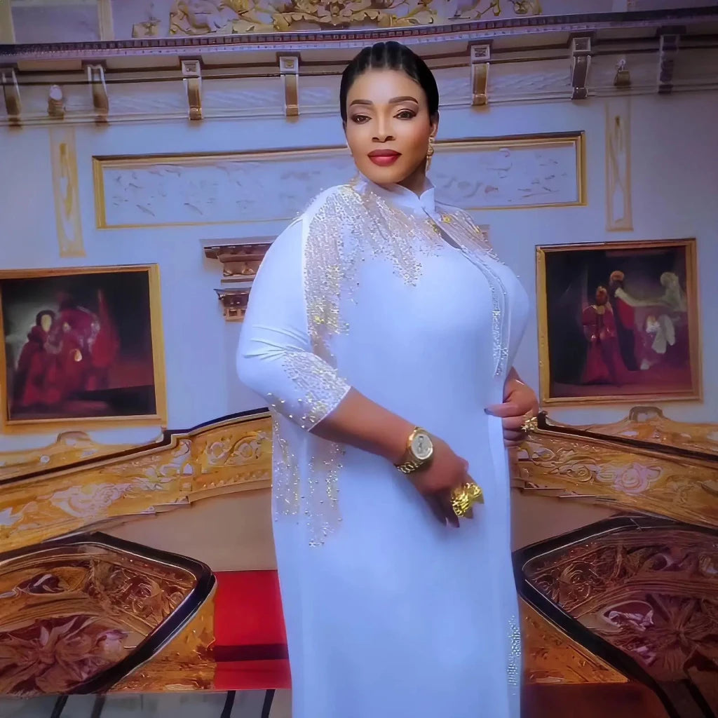 African Rhinestone Two-Piece Cape Dress | Luxury Women's Elegant Gown - Free Delivery Worldwide only at Flexi Africa