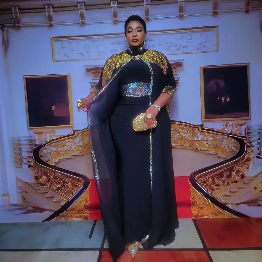 African Rhinestone Two-Piece Cape Dress | Luxury Women's Elegant Gown - Free Delivery Worldwide only at Flexi Africa