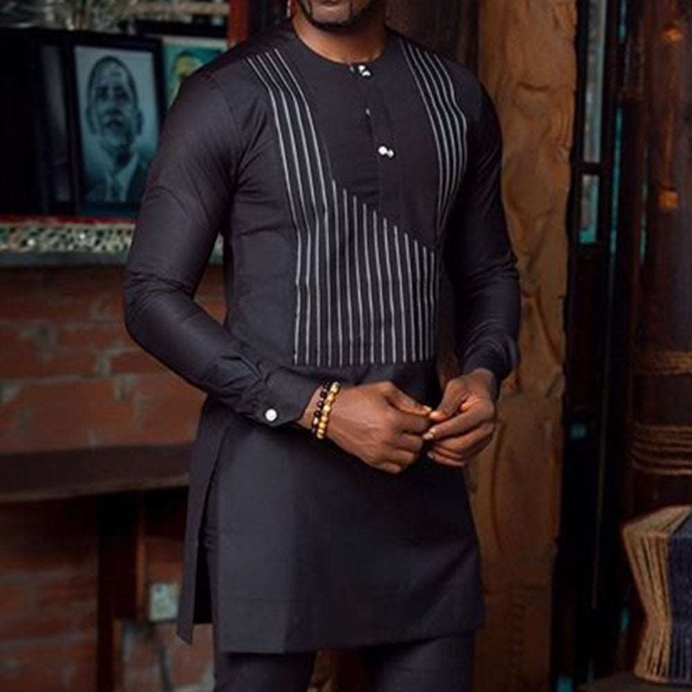 African Style Striped Print Long-Sleeved Men's T-Shirt - Flexi Africa - Free Delivery Worldwide only at www.flexiafrica.com