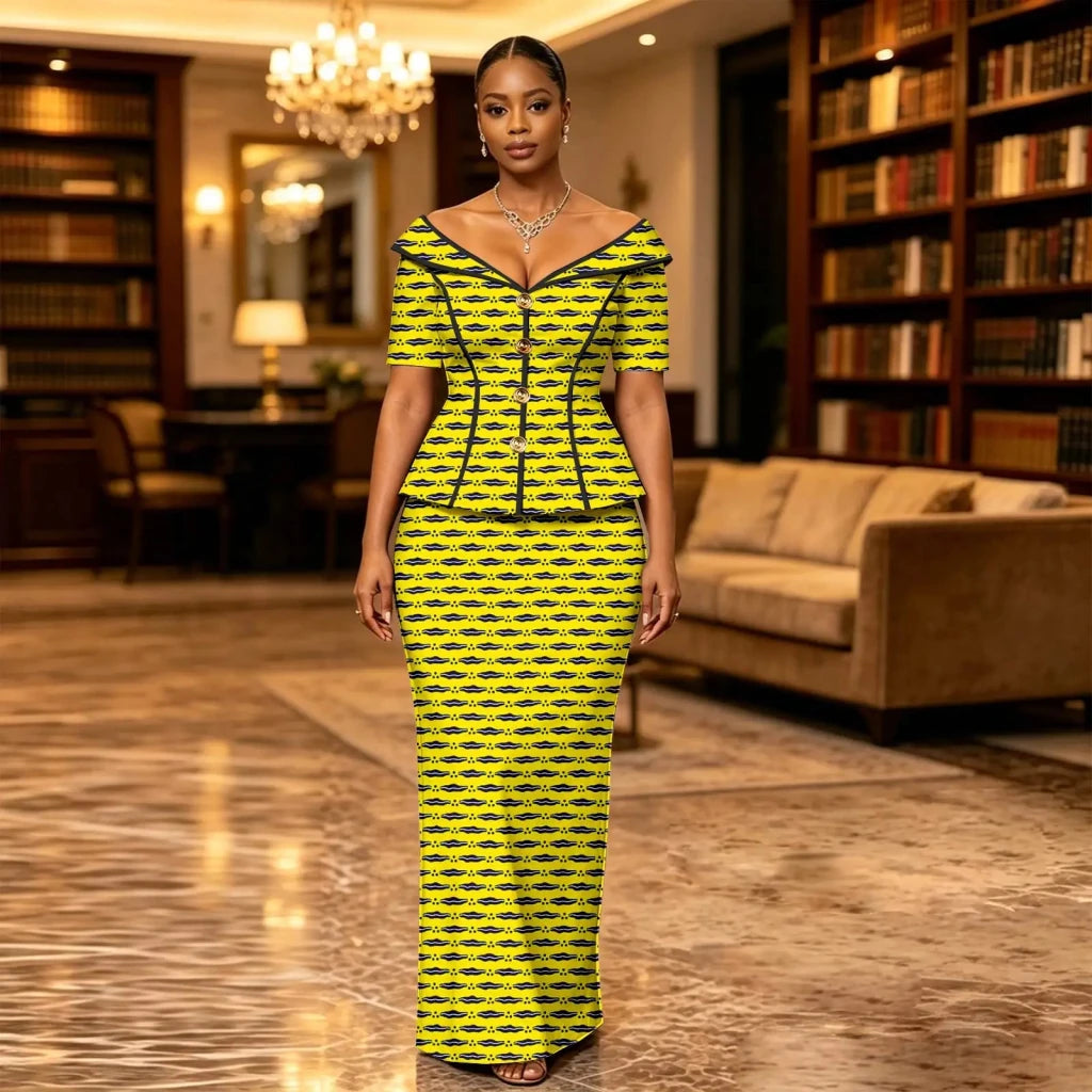African Suit for Women Ankara Print V-Neck Short Sleeve Top with Button and Floor-Length Skirt Two Piece Elegant Dress 2626047 - Free Delivery Worldwide only at Flexi Africa
