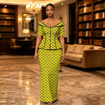 African Suit for Women Ankara Print V-Neck Short Sleeve Top with Button and Floor-Length Skirt Two Piece Elegant Dress 2626047 - Free Delivery Worldwide only at Flexi Africa