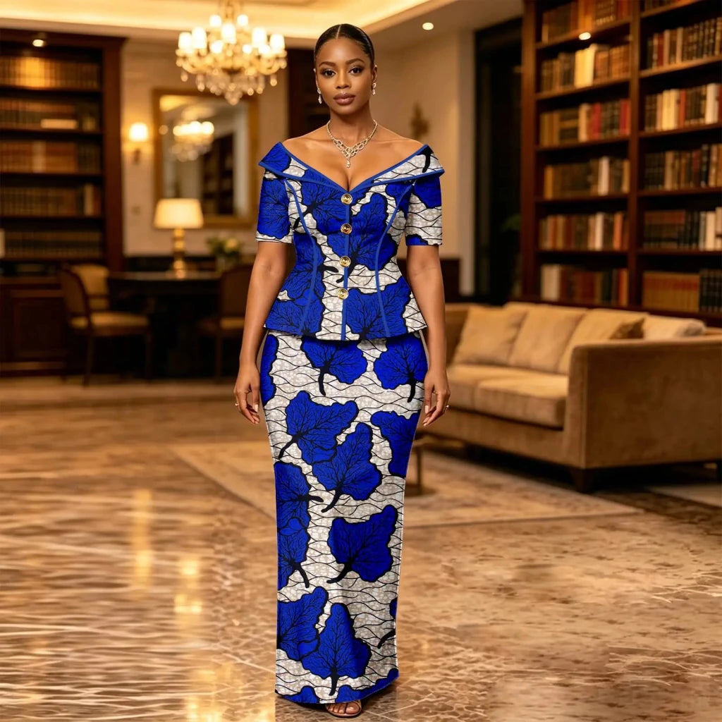 African Suit for Women Ankara Print V-Neck Short Sleeve Top with Button and Floor-Length Skirt Two Piece Elegant Dress 2626047 - Free Delivery Worldwide only at Flexi Africa