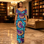 African Suit for Women Ankara Print V-Neck Short Sleeve Top with Button and Floor-Length Skirt Two Piece Elegant Dress 2626047 - Free Delivery Worldwide only at Flexi Africa