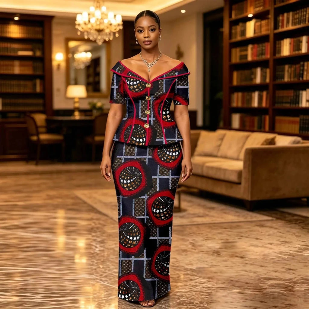 African Suit for Women Ankara Print V-Neck Short Sleeve Top with Button and Floor-Length Skirt Two Piece Elegant Dress 2626047 - Free Delivery Worldwide only at Flexi Africa