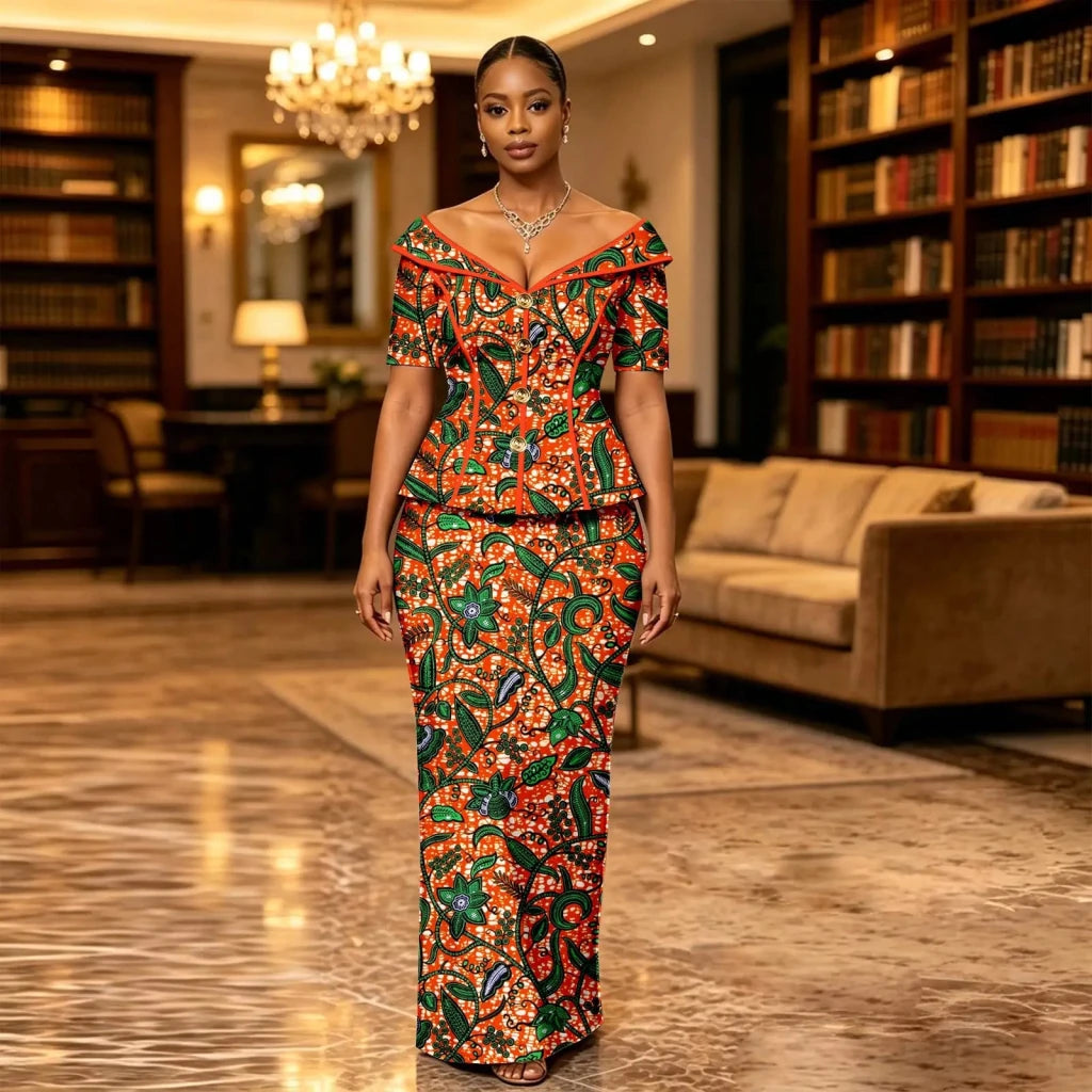 African Suit for Women Ankara Print V-Neck Short Sleeve Top with Button and Floor-Length Skirt Two Piece Elegant Dress 2626047 - Free Delivery Worldwide only at Flexi Africa