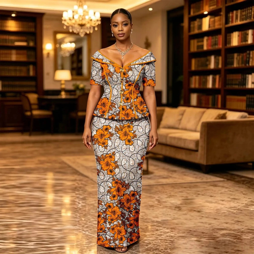 African Suit for Women Ankara Print V-Neck Short Sleeve Top with Button and Floor-Length Skirt Two Piece Elegant Dress 2626047 - Free Delivery Worldwide only at Flexi Africa