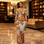 African Suit for Women Ankara Print V-Neck Short Sleeve Top with Button and Floor-Length Skirt Two Piece Elegant Dress 2626047 - Free Delivery Worldwide only at Flexi Africa