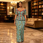 African Suit for Women Ankara Print V-Neck Short Sleeve Top with Button and Floor-Length Skirt Two Piece Elegant Dress 2626047 - Free Delivery Worldwide only at Flexi Africa