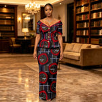 African Suit for Women Ankara Print V-Neck Short Sleeve Top with Button and Floor-Length Skirt Two Piece Elegant Dress 2626047 - Free Delivery Worldwide only at Flexi Africa