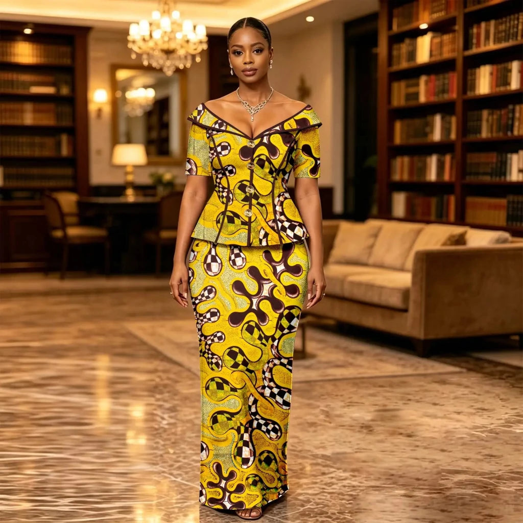 African Suit for Women Ankara Print V-Neck Short Sleeve Top with Button and Floor-Length Skirt Two Piece Elegant Dress 2626047 - Free Delivery Worldwide only at Flexi Africa