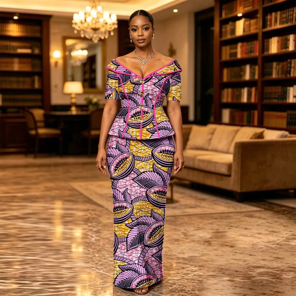 African Suit for Women Ankara Print V-Neck Short Sleeve Top with Button and Floor-Length Skirt Two Piece Elegant Dress 2626047 - Free Delivery Worldwide only at Flexi Africa