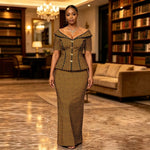 African Suit for Women Ankara Print V-Neck Short Sleeve Top with Button and Floor-Length Skirt Two Piece Elegant Dress 2626047 - Free Delivery Worldwide only at Flexi Africa