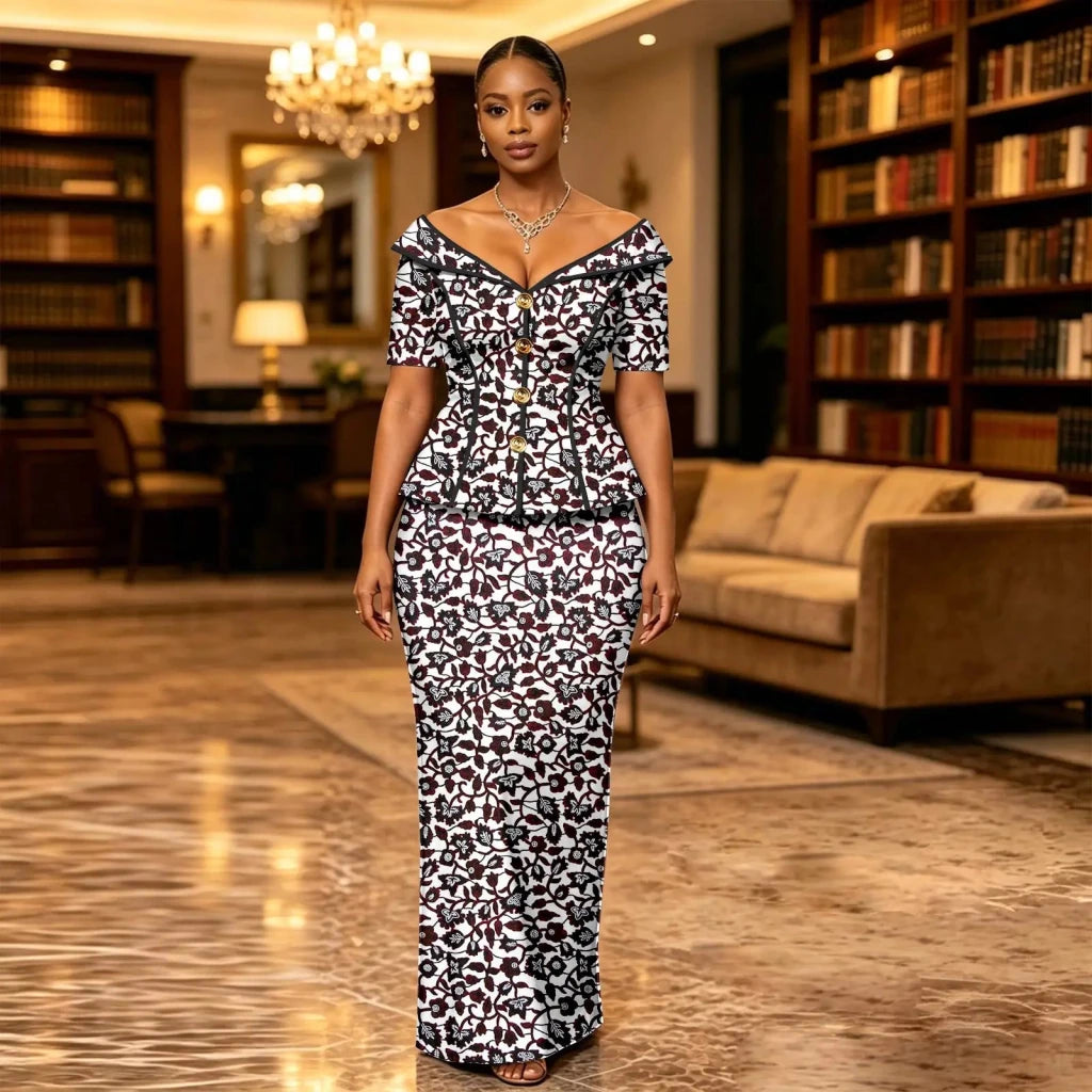 African Suit for Women Ankara Print V-Neck Short Sleeve Top with Button and Floor-Length Skirt Two Piece Elegant Dress 2626047 - Free Delivery Worldwide only at Flexi Africa