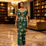 African Suit for Women Ankara Print V-Neck Short Sleeve Top with Button and Floor-Length Skirt Two Piece Elegant Dress 2626047 - Free Delivery Worldwide only at Flexi Africa