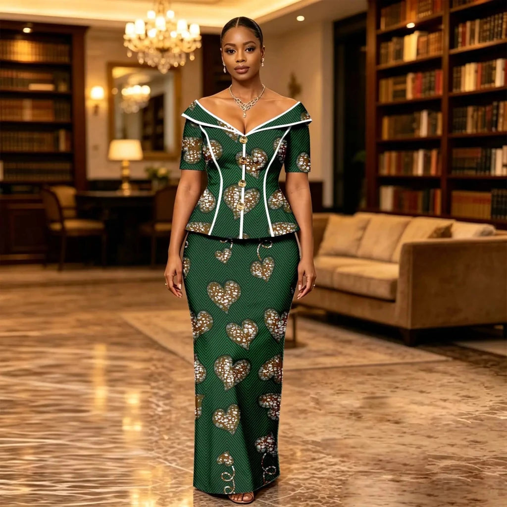 African Suit for Women Ankara Print V-Neck Short Sleeve Top with Button and Floor-Length Skirt Two Piece Elegant Dress 2626047 - Free Delivery Worldwide only at Flexi Africa