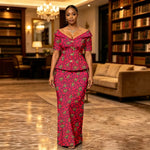 African Suit for Women Ankara Print V-Neck Short Sleeve Top with Button and Floor-Length Skirt Two Piece Elegant Dress 2626047 - Free Delivery Worldwide only at Flexi Africa