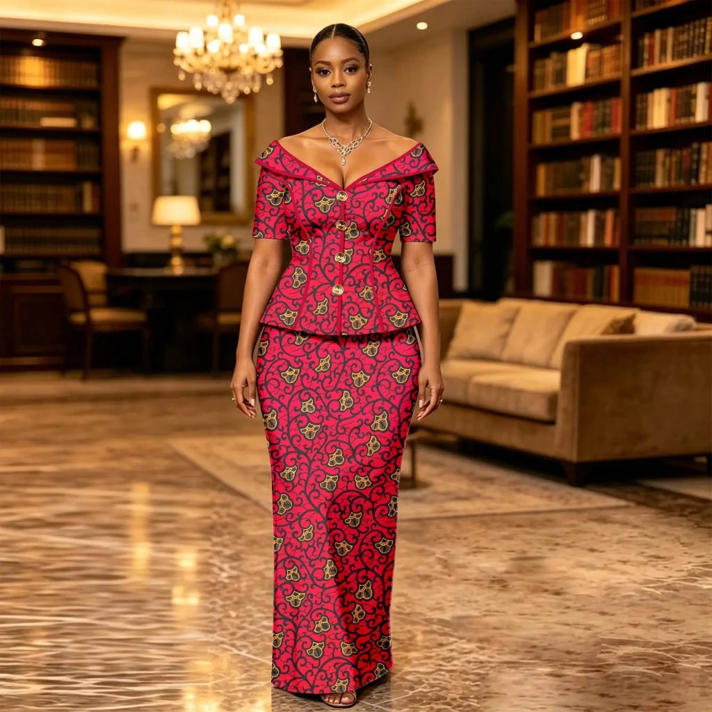 African Suit for Women Ankara Print V-Neck Short Sleeve Top with Button and Floor-Length Skirt Two Piece Elegant Dress 2626047 - Free Delivery Worldwide only at Flexi Africa