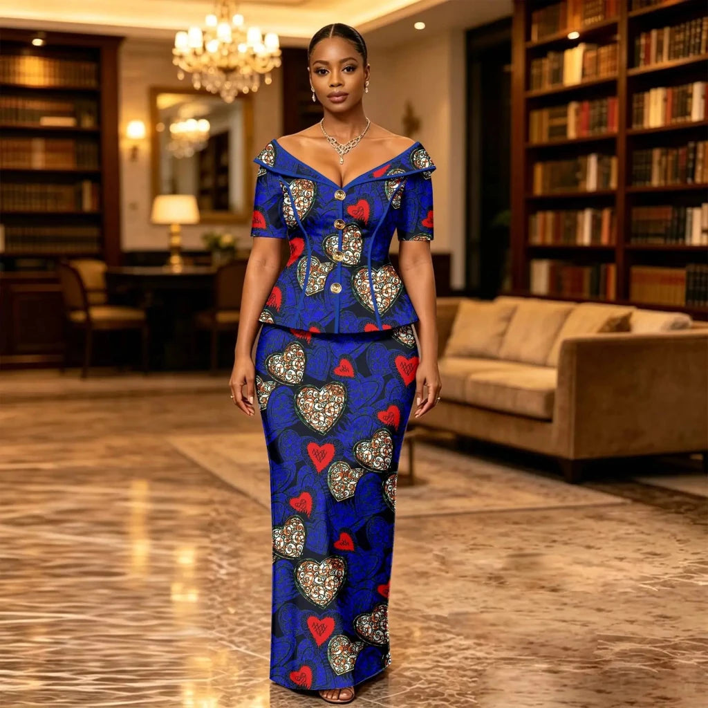 African Suit for Women Ankara Print V-Neck Short Sleeve Top with Button and Floor-Length Skirt Two Piece Elegant Dress 2626047 - Free Delivery Worldwide only at Flexi Africa
