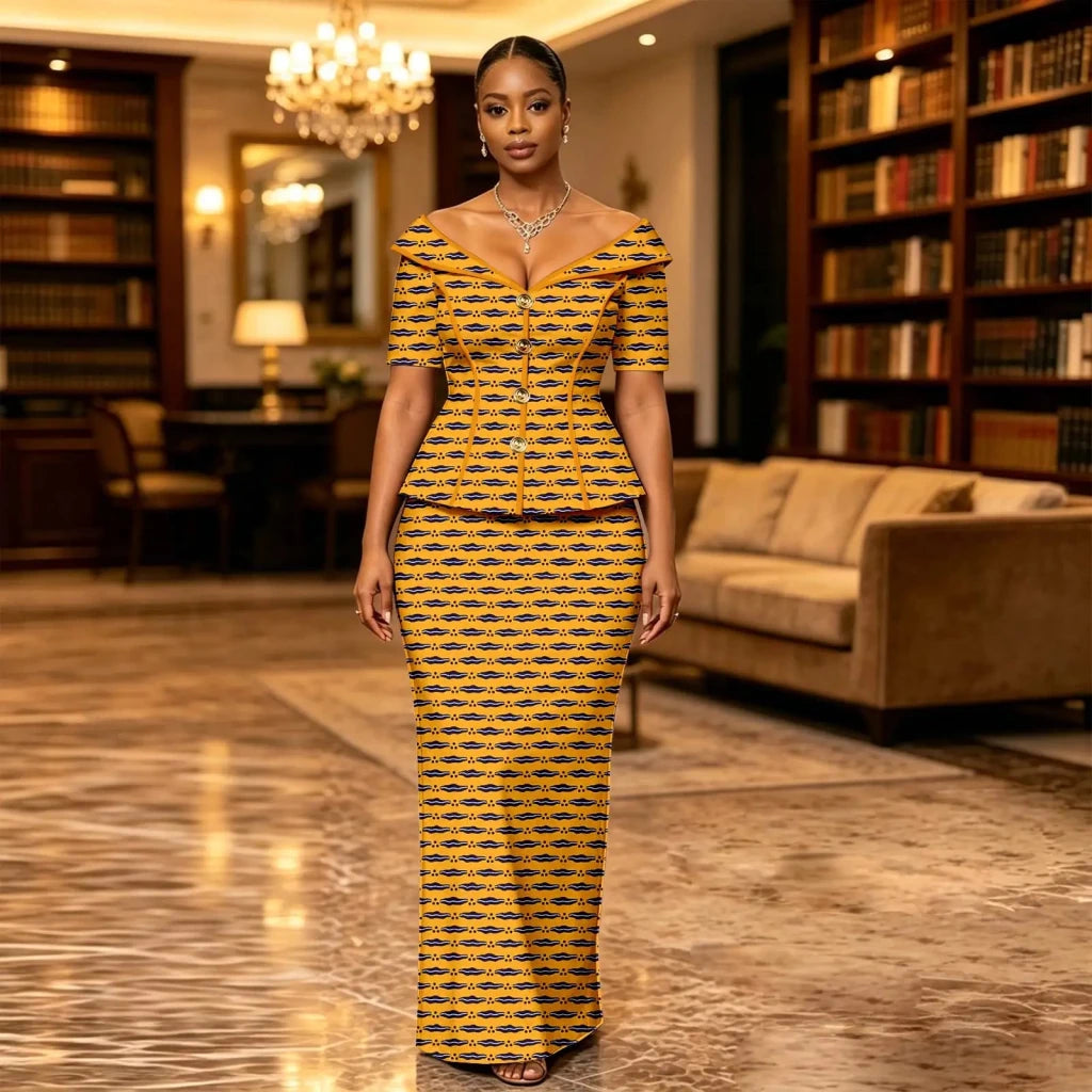 African Suit for Women Ankara Print V-Neck Short Sleeve Top with Button and Floor-Length Skirt Two Piece Elegant Dress 2626047 - Free Delivery Worldwide only at Flexi Africa