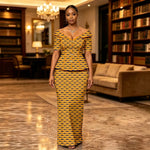 African Suit for Women Ankara Print V-Neck Short Sleeve Top with Button and Floor-Length Skirt Two Piece Elegant Dress 2626047 - Free Delivery Worldwide only at Flexi Africa