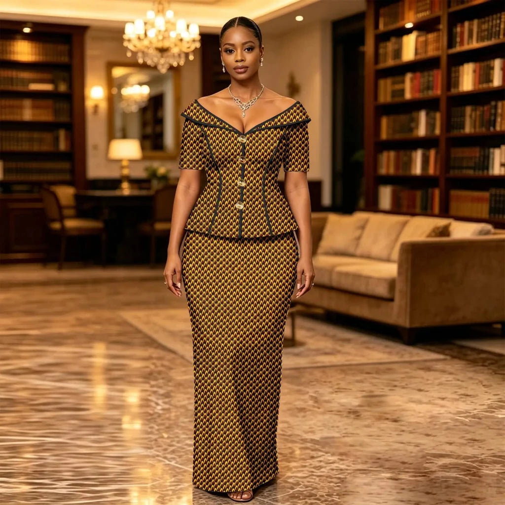 African Suit for Women Ankara Print V-Neck Short Sleeve Top with Button and Floor-Length Skirt Two Piece Elegant Dress 2626047 - Free Delivery Worldwide only at Flexi Africa