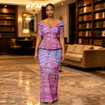 African Suit for Women Ankara Print V-Neck Short Sleeve Top with Button and Floor-Length Skirt Two Piece Elegant Dress 2626047 - Free Delivery Worldwide only at Flexi Africa