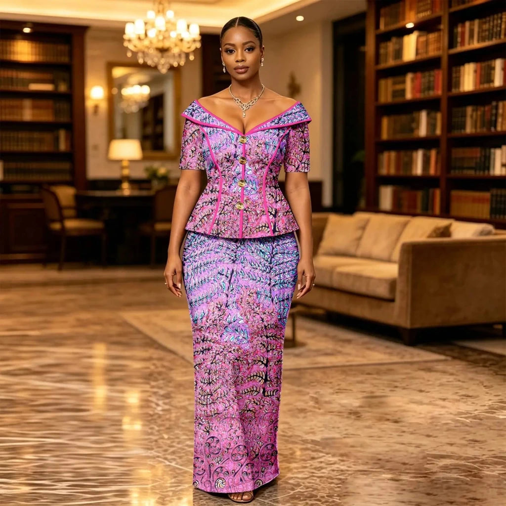 African Suit for Women Ankara Print V-Neck Short Sleeve Top with Button and Floor-Length Skirt Two Piece Elegant Dress 2626047 - Free Delivery Worldwide only at Flexi Africa