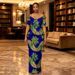 African Suit for Women Ankara Print V-Neck Short Sleeve Top with Button and Floor-Length Skirt Two Piece Elegant Dress 2626047 - Free Delivery Worldwide only at Flexi Africa