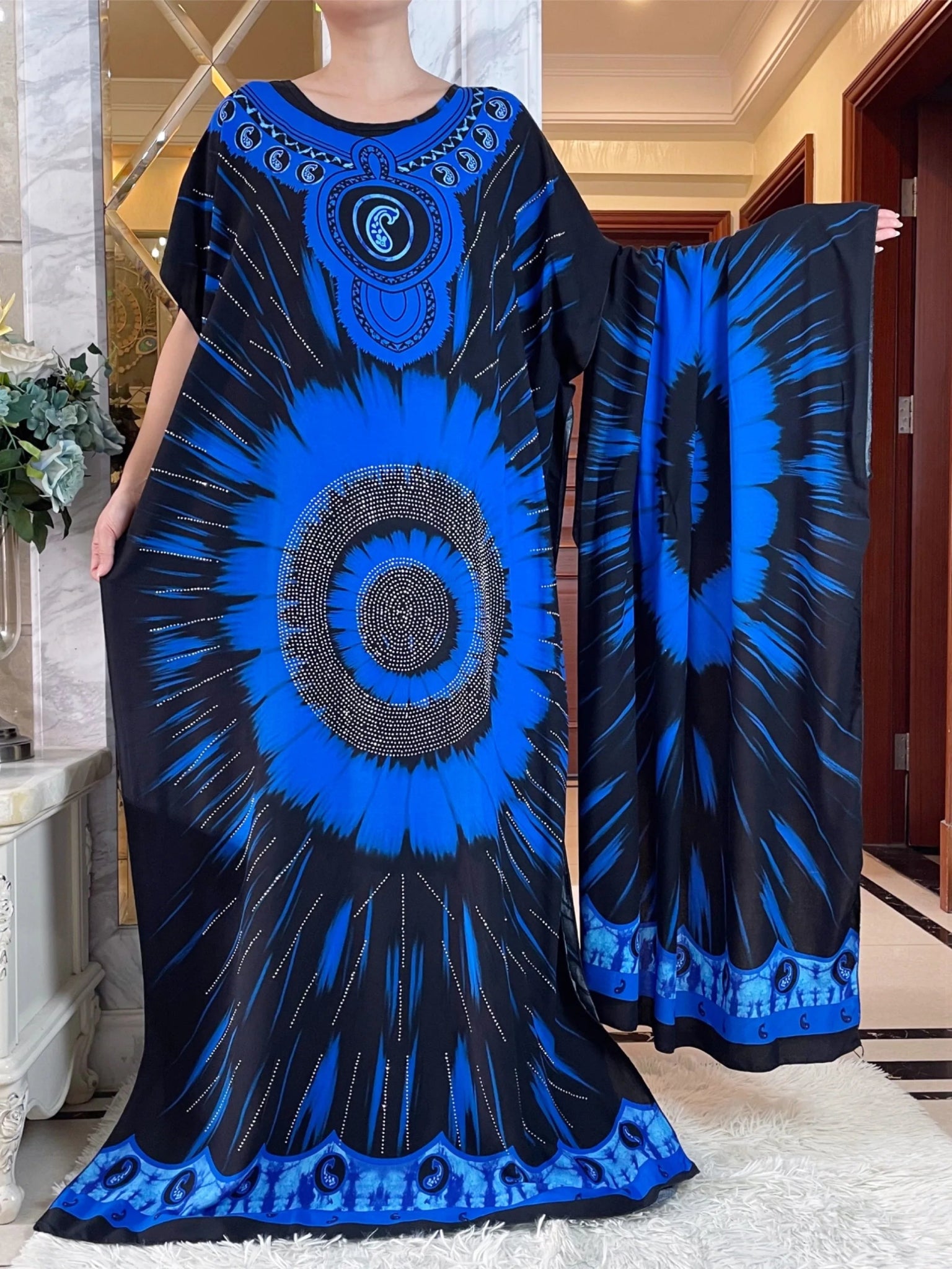 African Summer Abaya Dress: Short Sleeve Dashiki Design with Oversized Floral Scarf - Flexi Africa - www.flexiafrica.com