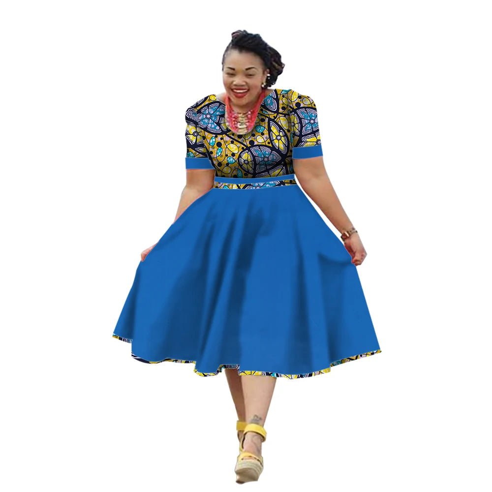 African Traditional Bazin Riche Dress for Women – Cotton Print Knee - Length Summer Wear - Free Delivery Worldwide only at Flexi Africa