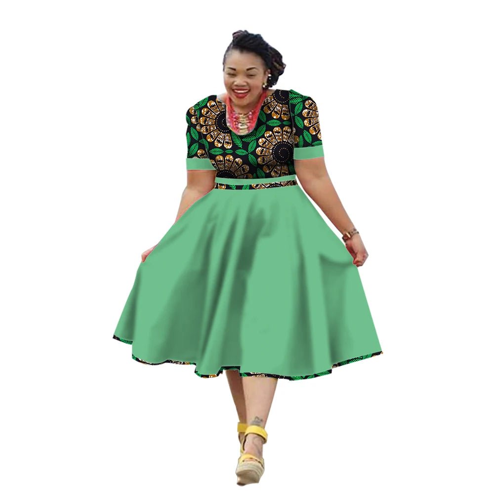 African Traditional Bazin Riche Dress for Women – Cotton Print Knee - Length Summer Wear - Free Delivery Worldwide only at Flexi Africa