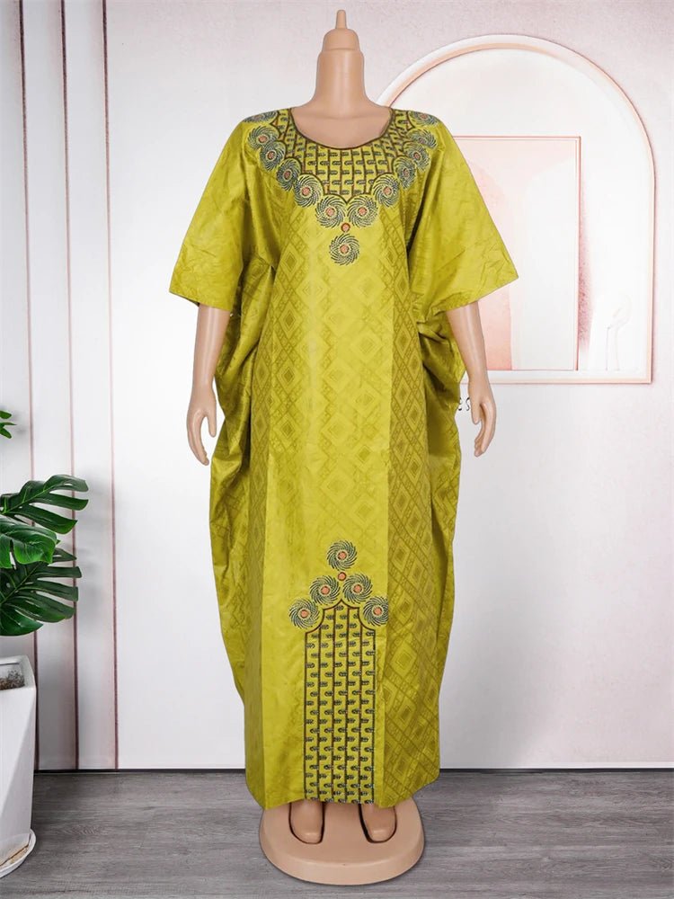 African Traditional Dashiki Bazin Dresses for Women - Plus Size Long Gown with Nigerian Turban, Elegant African Outfits - Free Delivery Worldwide only at Flexi Africa