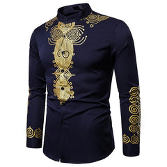 African Tribal Dashiki Totem Print Slim Fit Long Sleeve Mandarin Collar Men's Dress Shirt - Flexi Africa - Flexi Africa offers Free Delivery Worldwide - Vibrant African traditional clothing showcasing bold prints and intricate designs