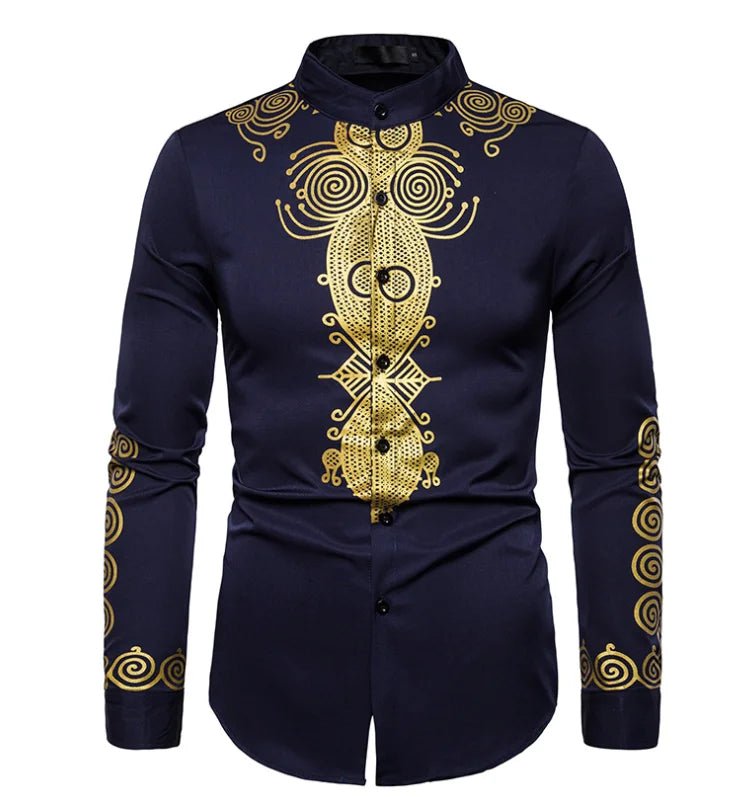 African Tribal Dashiki Totem Print Slim Fit Long Sleeve Mandarin Collar Men's Dress Shirt - Flexi Africa - Flexi Africa offers Free Delivery Worldwide - Vibrant African traditional clothing showcasing bold prints and intricate designs