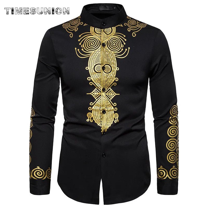 African Tribal Dashiki Totem Print Slim Fit Long Sleeve Mandarin Collar Men's Dress Shirt - Flexi Africa - Flexi Africa offers Free Delivery Worldwide - Vibrant African traditional clothing showcasing bold prints and intricate designs