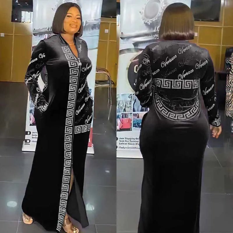African Velvet Maxi Dress: Letter Robe Style with Sequins, O-Neck and Short Sleeves - Flexi Africa - Flexi Africa offers Free Delivery Worldwide - Vibrant African traditional clothing showcasing bold prints and intricate designs